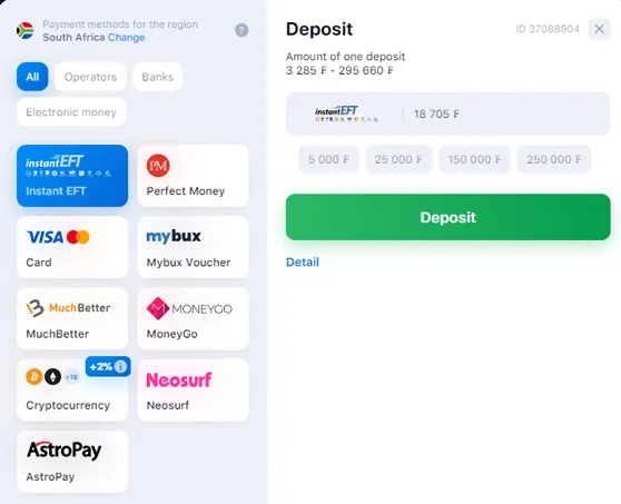 Options pour les dépôts chez 1Win